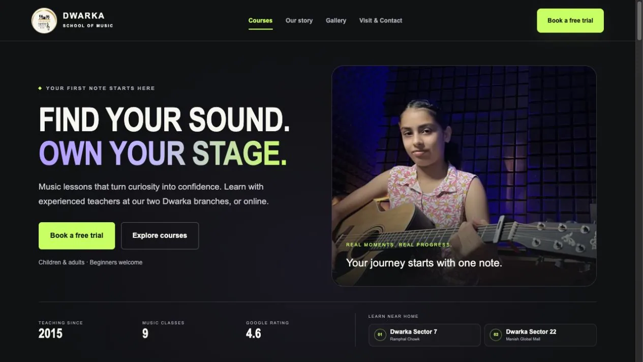 Current Dwarka School of Music homepage showing music lessons and free trial actions