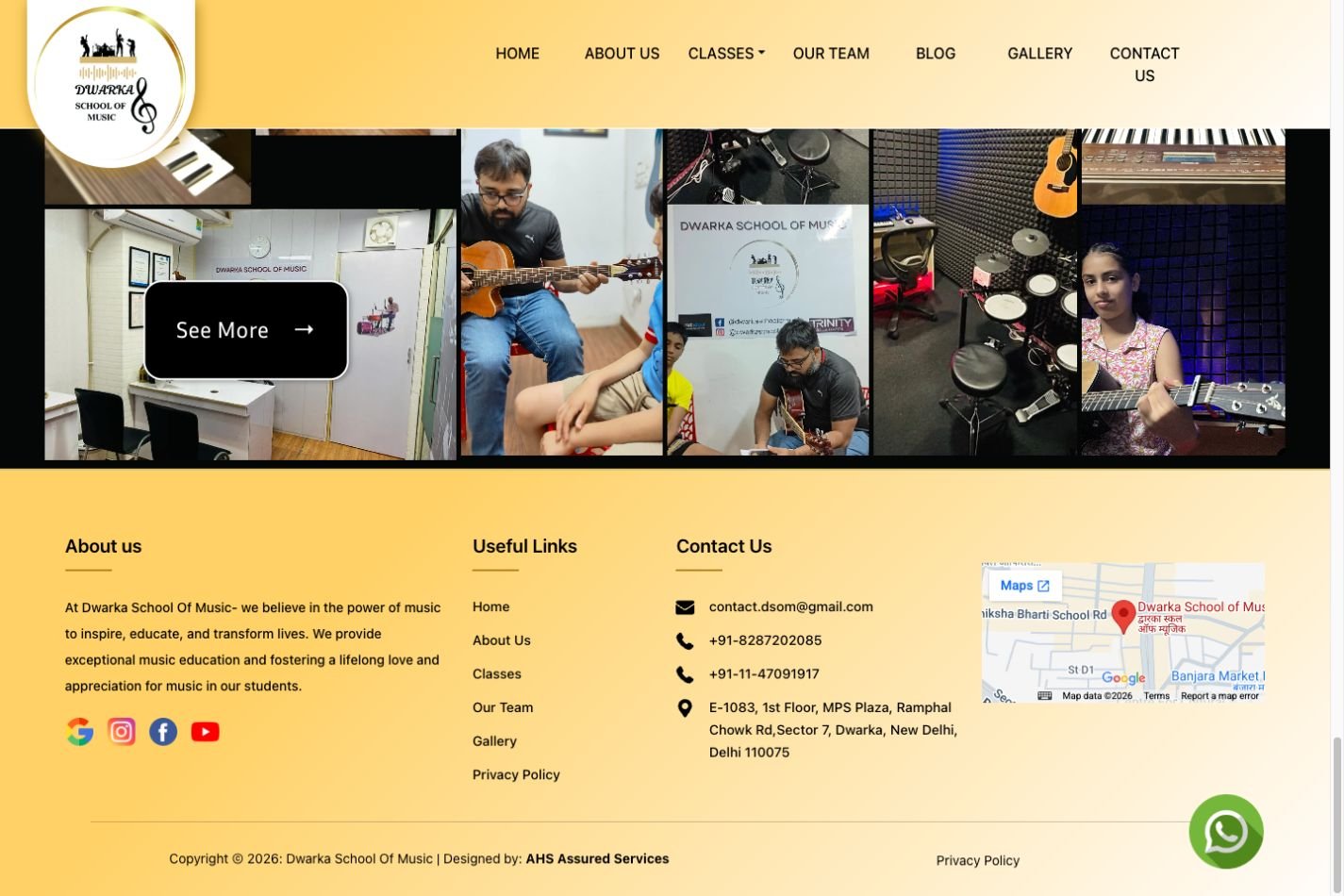 Dwarka School of Music website showing its gallery and contact section